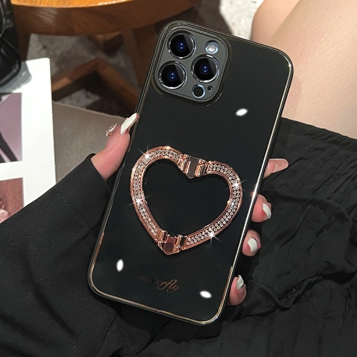 

For iPhone 14 Pro Diamond Heart Holder Phone Case(Black)