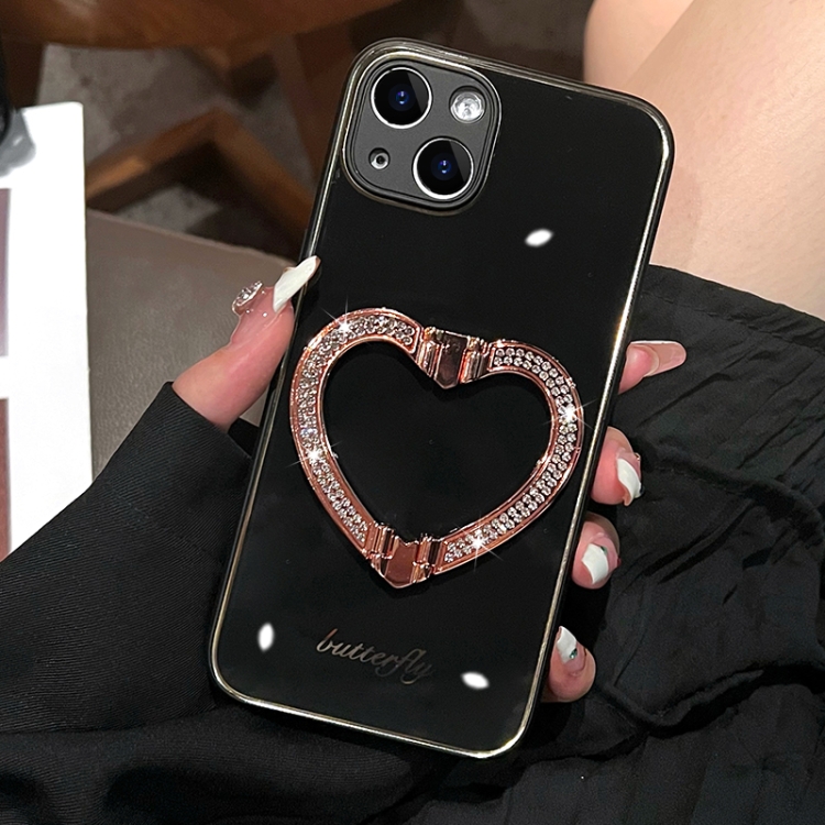 

For iPhone 14 Diamond Heart Holder Phone Case(Black)