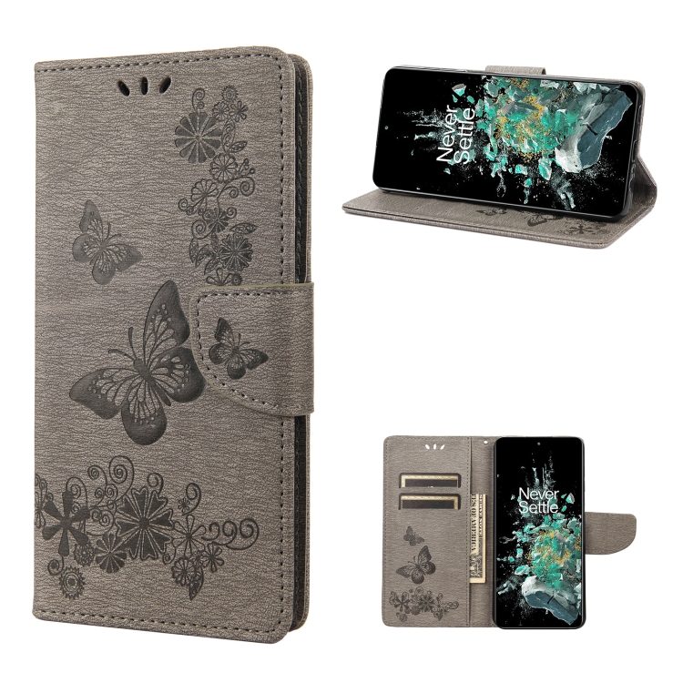 

For OnePlus 10T Butterfly Embossed Horizontal Flip Leather Phone Case(Grey)
