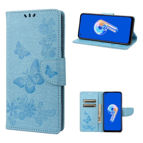 

For Asus Zenfone 9 Butterfly Embossed Horizontal Flip Leather Phone Case(Blue)