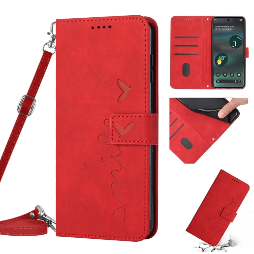 

For Google Pixel 6a Skin Feel Heart Pattern Leather Phone Case With Lanyard(Red)