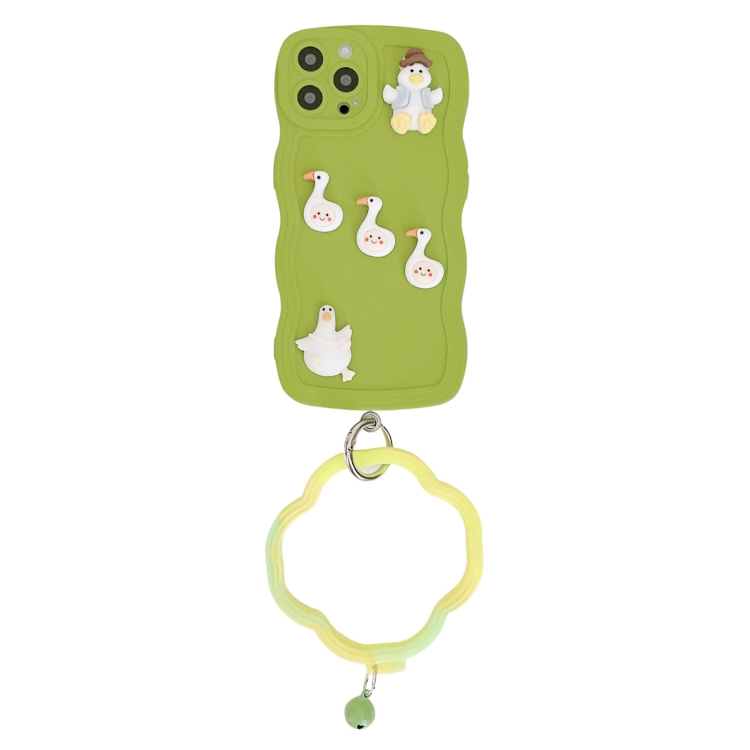 

For iPhone 14 Pro Max Wave Edge Duck Silicone Phone Case with Wristband(Green Small Bell)