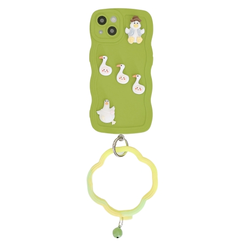 

For iPhone 13 mini Wave Edge Duck Silicone Phone Case with Wristband(Green Small Bell)