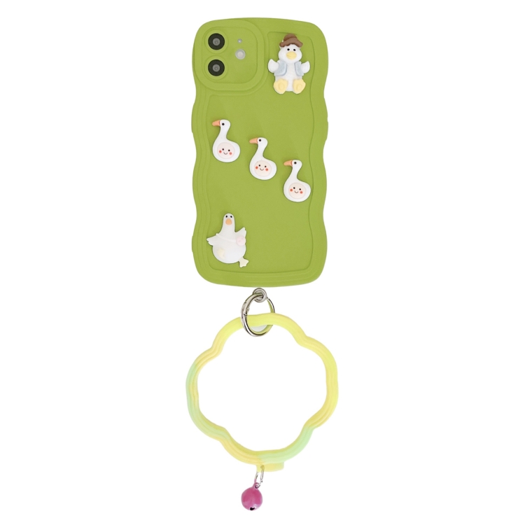 

For iPhone 12 Wave Edge Duck Silicone Phone Case with Wristband(Red Small Bell)