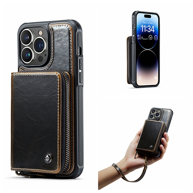 

For iPhone 14 Pro Max JEEHOOD C22 Series Zipper Wallet Phone Case(Coffee)