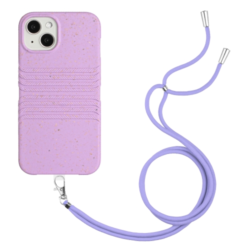 

For iPhone 14 Wheat Straw Material Degradable TPU Phone Case with Lanyard(Purple)