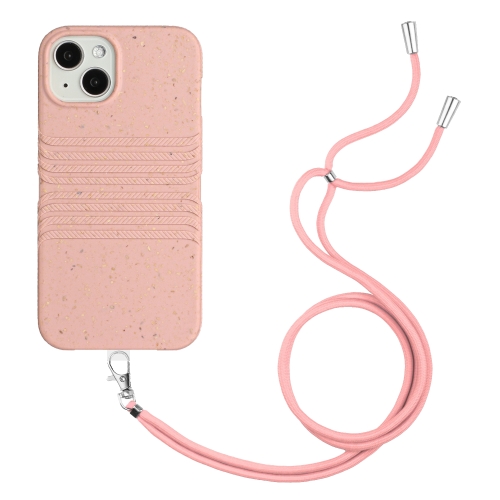 

For iPhone 14 Plus Wheat Straw Material Degradable TPU Phone Case with Lanyard(Pink)