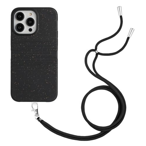 

For iPhone 14 Pro Wheat Straw Material Degradable TPU Phone Case with Lanyard(Black)