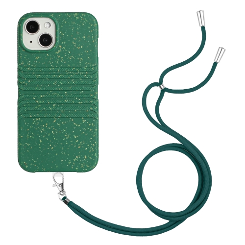 

For iPhone 15 Plus Wheat Straw Material Degradable TPU Phone Case with Lanyard(Dark Green)