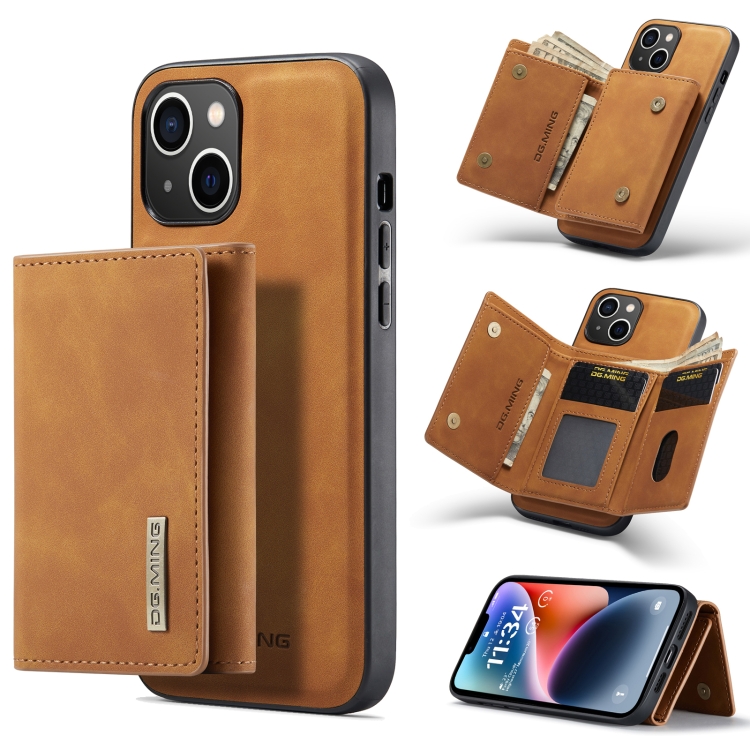 

For iPhone 14 Plus DG.MING M1 Series 3-Fold Multi Card Wallet Leather Case(Brown)