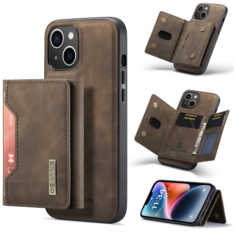 

For iPhone 14 DG.MING M2 Series 3-Fold Card Bag Leather Case(Coffee)