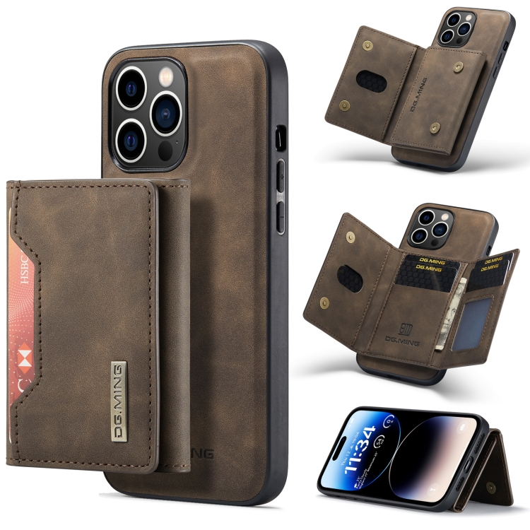 

For iPhone 14 Pro Max DG.MING M2 Series 3-Fold Card Bag Leather Case(Coffee)