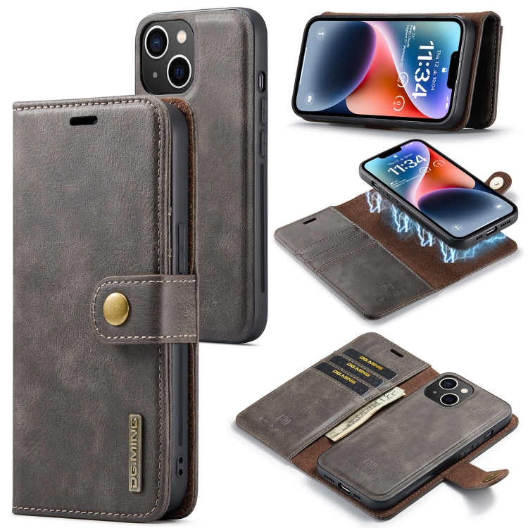 

For iPhone 14 Plus DG.MING Crazy Horse Texture Detachable Magnetic Leather Case(Grey)