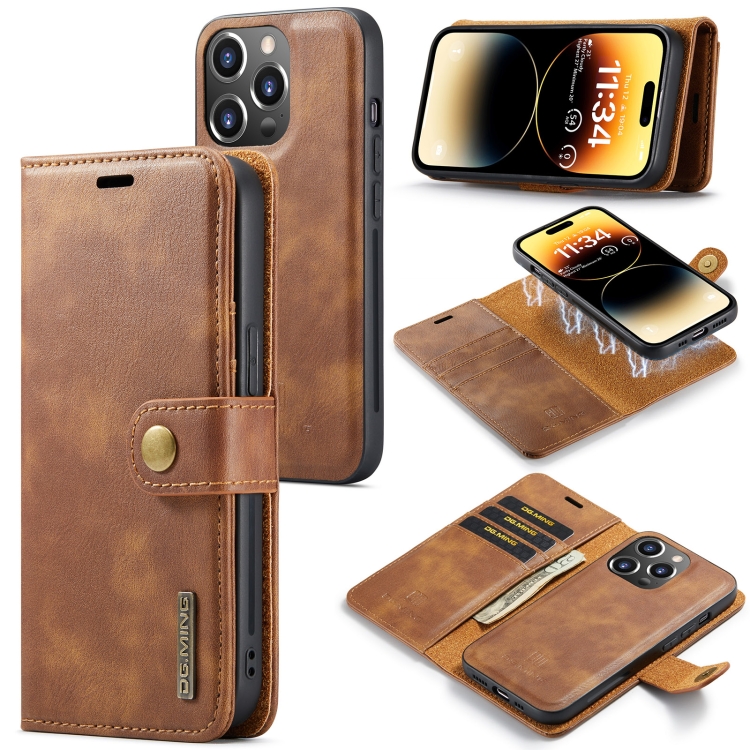 

For iPhone 14 Pro Max DG.MING Crazy Horse Texture Detachable Magnetic Leather Case(Brown)