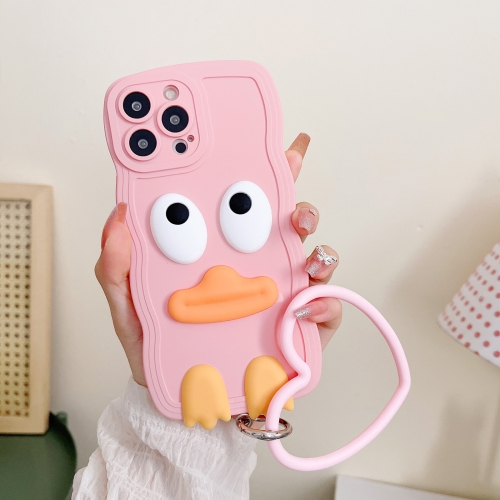

For iPhone 13 Pro Max Wave Edge Big Duck Silicone Phone Case with Wristband(Pink)