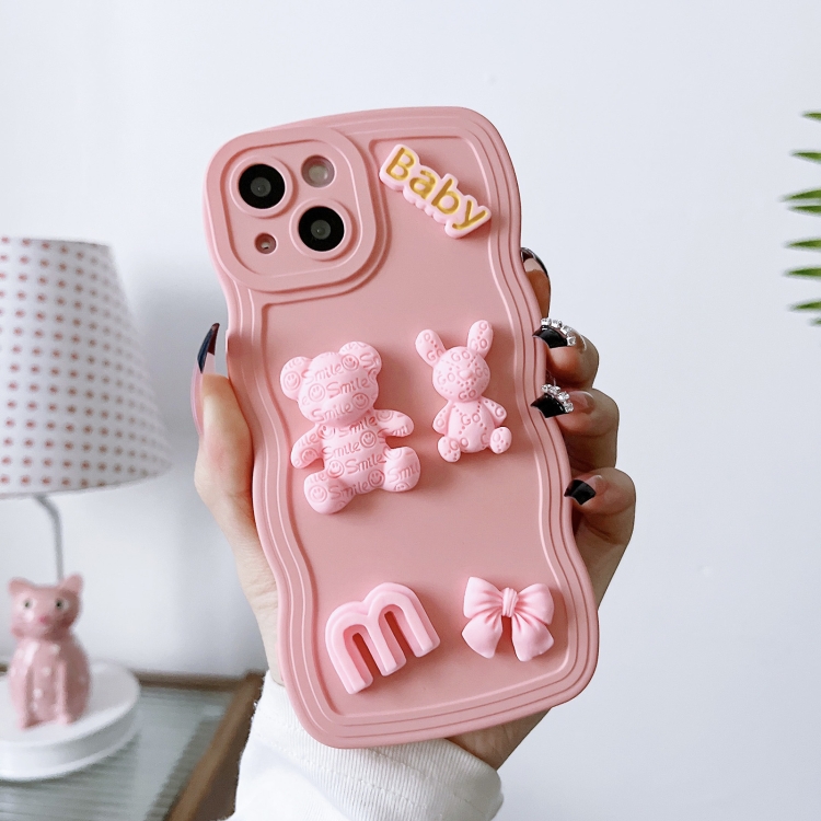 

For iPhone 13 Pro Wave Edge 3D M Bear Bunny Silicone Phone Case(Pink)