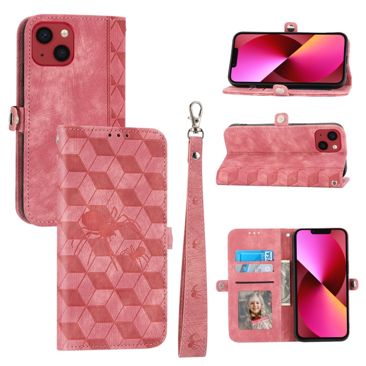 

For iPhone 14 Plus Spider Printed Leather Phone Case(Pink)