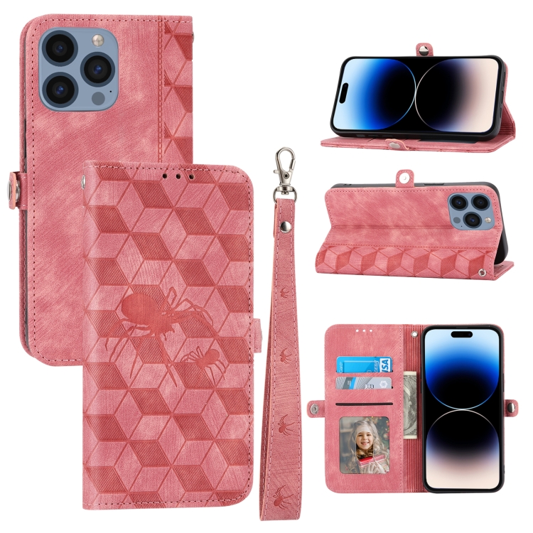 

For iPhone 14 Pro Max Spider Printed Leather Phone Case(Pink)