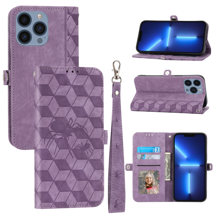 

For iPhone 13 Pro Spider Printed Leather Phone Case(Purple)