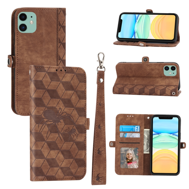

For iPhone 12 / 12 Pro Spider Printed Leather Phone Case(Brown)