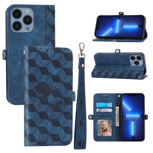 

For iPhone 12 Pro Max Spider Printed Leather Phone Case(Blue)