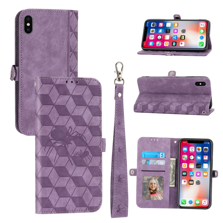 

For iPhone X / XS Spider Printed Leather Phone Case(Purple)