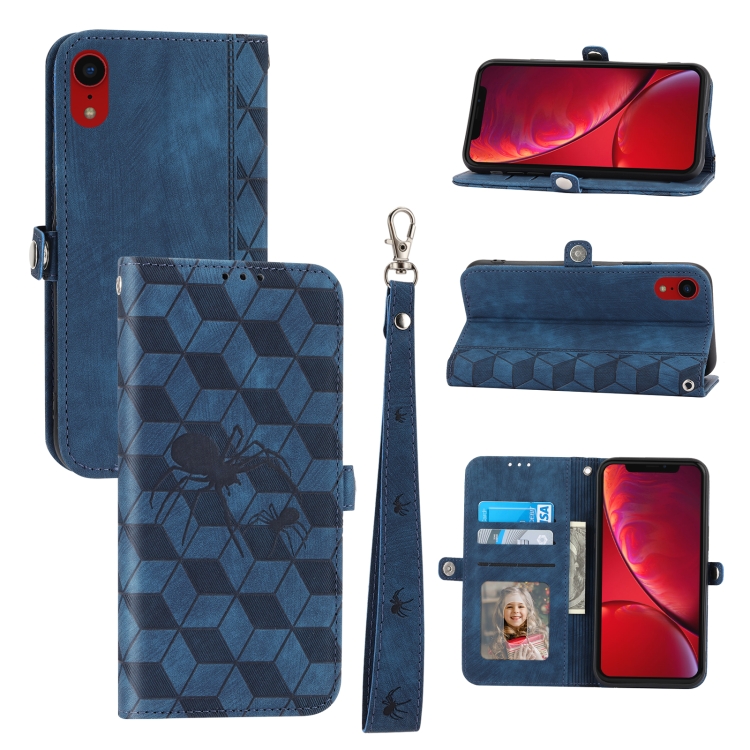 

For iPhone XR Spider Printed Leather Phone Case(Blue)