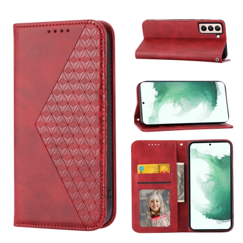 

For Samsung Galaxy S22 5G Cubic Grid Calf Texture Magnetic Closure Leather Phone Case(Red)