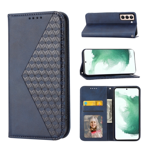 

For Samsung Galaxy S22+ 5G Cubic Grid Calf Texture Magnetic Closure Leather Phone Case(Blue)