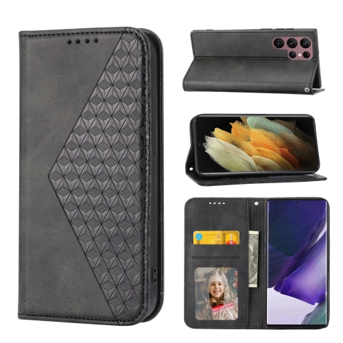 

For Samsung Galaxy S22 Ultra 5G Cubic Grid Calf Texture Magnetic Closure Leather Phone Case(Black)