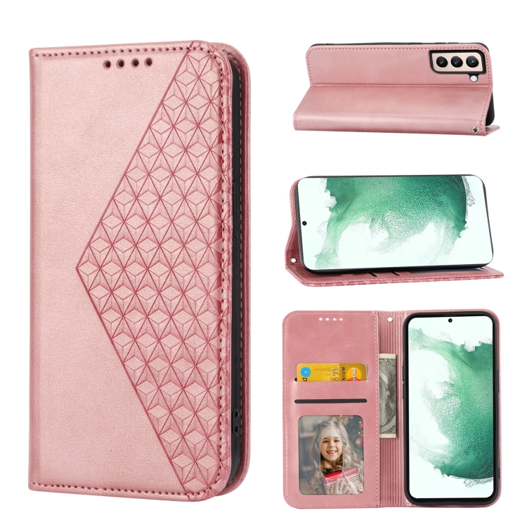

For Samsung Galaxy S21 5G Cubic Grid Calf Texture Magnetic Closure Leather Phone Case(Rose Gold)