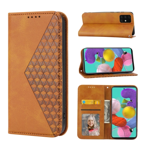 

For Samsung Galaxy A51 4G Cubic Grid Calf Texture Magnetic Closure Leather Phone Case(Yellow)