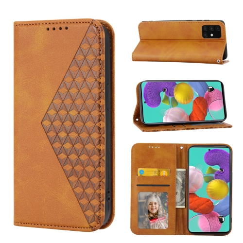 

For Samsung Galaxy A71 4G Cubic Grid Calf Texture Magnetic Closure Leather Phone Case(Yellow)