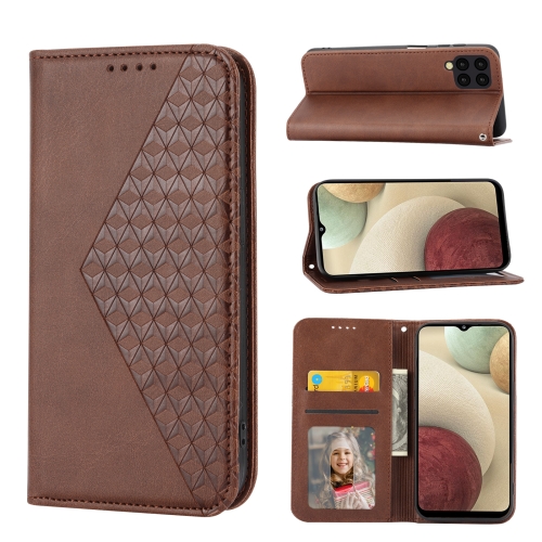 

For Samsung Galaxy A22 4G Cubic Grid Calf Texture Magnetic Closure Leather Phone Case(Brown)