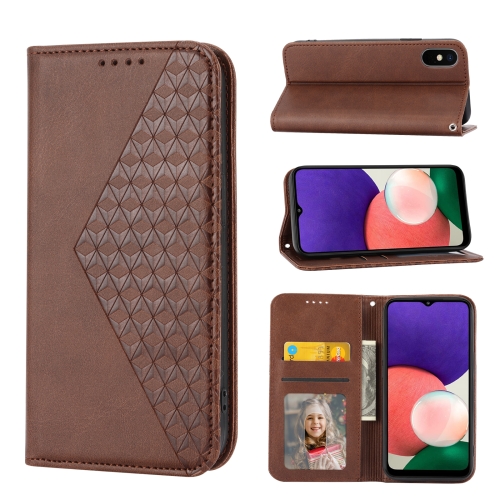 

For Samsung Galaxy A22 5G JP Version Cubic Grid Calf Texture Magnetic Closure Leather Phone Case(Brown)