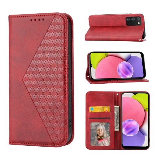 

For Samsung Galaxy A03s 165.8mm Cubic Grid Calf Texture Magnetic Closure Leather Phone Case(Red)