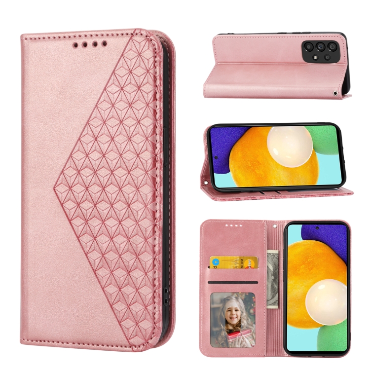 

For Samsung Galaxy A73 5G Cubic Grid Calf Texture Magnetic Closure Leather Phone Case(Rose Gold)