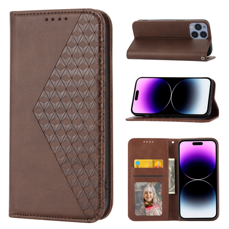 

For iPhone 14 Pro Max Cubic Grid Calf Texture Magnetic Closure Leather Phone Case(Brown)
