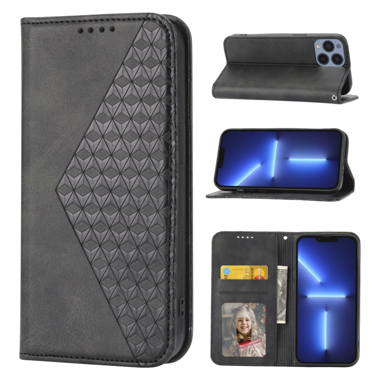 

For iPhone 13 Pro Cubic Grid Calf Texture Magnetic Closure Leather Phone Case(Black)