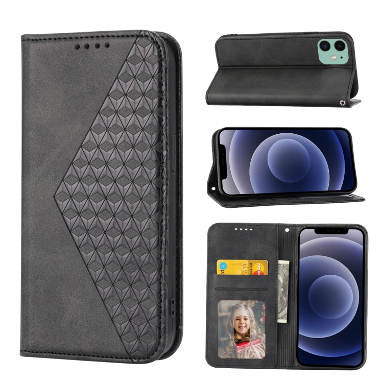 

For iPhone 12 mini Cubic Grid Calf Texture Magnetic Closure Leather Phone Case(Black)