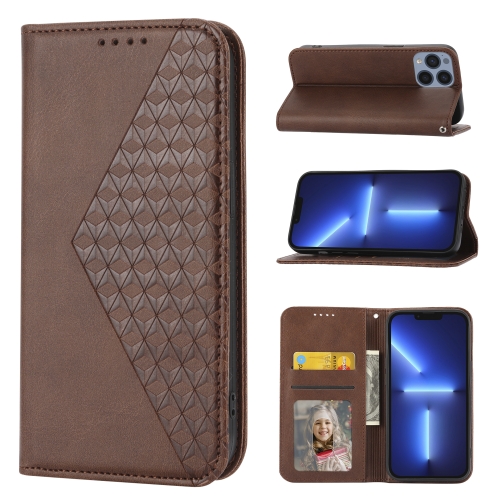 

For iPhone 12 Pro Max Cubic Grid Calf Texture Magnetic Closure Leather Phone Case(Brown)