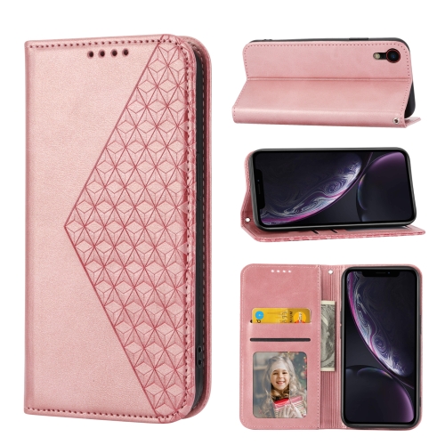 

For iPhone XR Cubic Grid Calf Texture Magnetic Closure Leather Phone Case(Rose Gold)