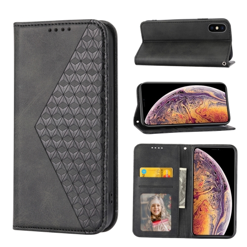 

For iPhone XS Max Cubic Grid Calf Texture Magnetic Closure Leather Phone Case(Black)