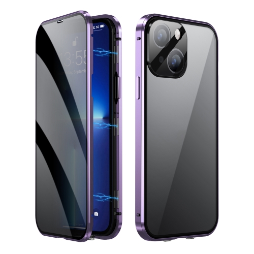 

For iPhone 14 Dual-Lock Anti-peeping Glass 360 Full Body Frosted Magnetic Phone Case(Deep Purple)