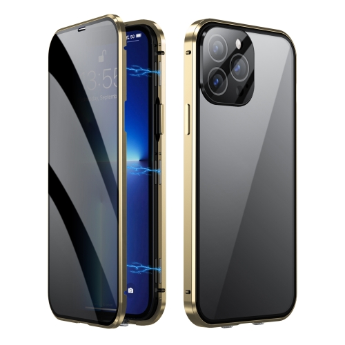

For iPhone 13 Pro Max Dual-Lock Anti-peeping Glass 360 Full Body Frosted Magnetic Phone Case(Gold)