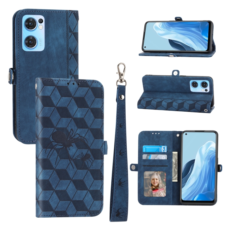 

For OPPO Reno7 Spider Printed Leather Phone Case(Blue)
