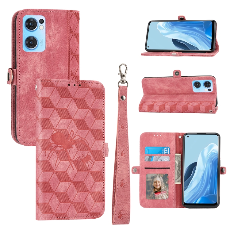 

For OPPO Reno7 SE Spider Printed Leather Phone Case(Pink)