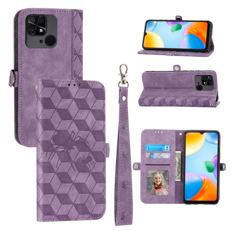 

For Xiaomi Redmi 10C Spider Printed Leather Phone Case(Purple)