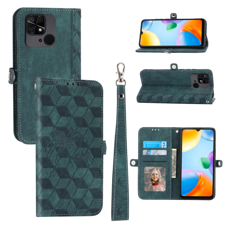 

For Xiaomi Redmi 10C Spider Printed Leather Phone Case(Green)