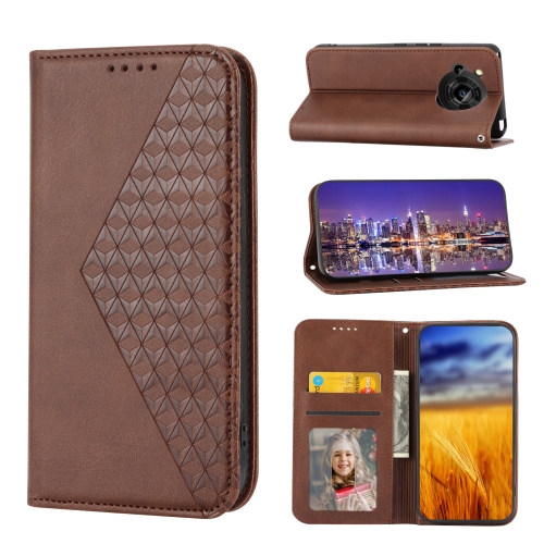 

For Sharp Aquos R7 / P7 Cubic Grid Calf Texture Magnetic Closure Leather Phone Case(Brown)